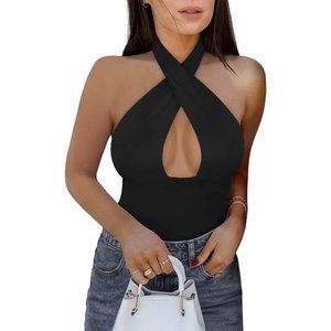 Women's Sexy Criss Cross Halter Neck Bodysuits Sleeveless Thong Tops Clubwear